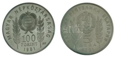 1981. 100Ft Cu-Ni-Zn + Bulgária 5L Cu-Ni-Zn "Bulgária 1300 éves" magyar-bolgár közös kiadás, eredeti műbőr tokban, tanúsítvánnyal T:PP, patina