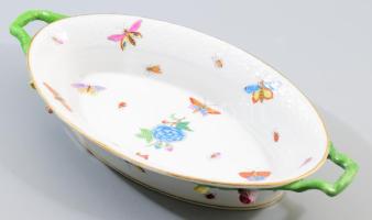 Herendi Viktória mintás füles kínáló tál rózsákkal. Kézzel festett, jelzett, egyik füle ragasztott 33x17 cm