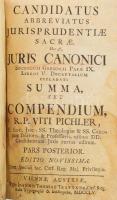 Pichler, Vitus: Candidatus Abbreviatus Jurisprudentiae Sacrae, hoc est Juris Canonici, Secundum Gregorii Papae IX. libros V. decretalium explanati summa, seu Compendium, ... Pars Posterior. Editio novissima. Viennae, 1755., Trattner, 6 sztl. lev. +731 + 18 P. Korabeli aranyozott gerincű egészbőr-kötés, kötés sérült néhány lapon folt