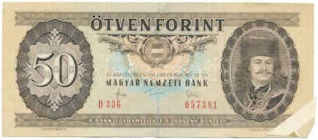 1983. 50Ft "D 336 057381" vágáshibás bankjegy, látványos anyagtöbblettel a jobb alsó sarokban T:F, szép papír Hungary 1983. 50 Forint "D 336 057381" banknote with cutting error, excess paper material at the right corner C:F, fine paper Adamo F23
