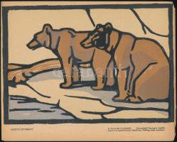 Haranghy Jenő (1894-1951): A budapesti állatkertből. (Medvék). Linómetszet, papír, a Díszítő Művészet 1914. évi I. évfolyamának melléklete, kis lapszéli sérülésekkel, 17,5x24,5 cm