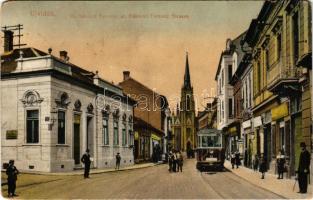 1915 Újvidék, Novi Sad; II. Rákóczi Ferenc út, villamos, Lenkey Imre asztalos üzlete. Herger Ágoston kiadása / street, tram, shops (Rb)