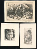 Kiss Terézia (1928-2016):m 3 db ex libris és kisgrafika. Rézkarc, papír, mindegyik ceruzával jelzett. Klf. méretek.