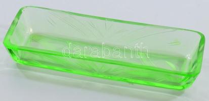 Uránzöld színű kínálótálka, köszörült mintával, 23x9 cm