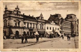 1932 Beregszász, Beregovo, Berehove; Grand Hotel a okresni úrad, Kavarna / Grand Szálloda és járási hivatal, kávéház, Korzó Mozgó (mozi), Dobos parfüméria, üzletek, automobil, autóbusz. Schönberger kiadása / hotel, county office, cafe, cinema, perfumery, shops, automobile, autobus (fl)