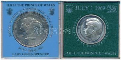 Nagy-Britannia 1969. "Károly Wales-i herceg beiktatása" fém emlékérem tokban + 1981. 25p Cu-Ni "Károly és Diana esküvője" eredeti műanyag tokban T:AU Great Britian 1969. "Investiture of Charles, Prince of Wales" + 1981. 25 New Pence Cu-Ni "Wedding of Prince Charles and Lady Diana" in original plastic case C:AU