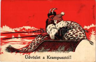 1931 Üdvözlet a Krampusztól! C. H. W. 2506-24. / Krampus with lady on a sleigh (lyukak / pinholes)