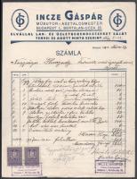 1929-1930 Bp., Incze Gáspár műbútor- és asztalosmester 2 db fejléces számlája, okmánybélyegekkel