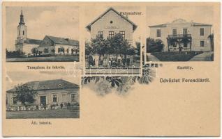 Ferendia, Ferend; Templom és iskola, Pályaudvar, vasútállomás, kastély, állami iskola. Dajkovits J. utóda / church, school, railway station, castle, school (felületi sérülés / worn surface)