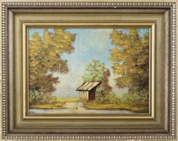 Olvashatatlan jelzéssel: Vízparti kunyhó. Olaj, fa. 22,5x31,5 cm. Dekoratív, kissé kopott fakeretben.
