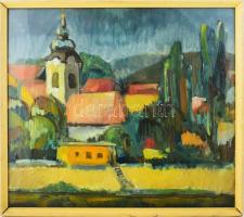 Lukács János (-): Távolban a falu, 1974. Olaj, farost. Jelzett a hátoldalán. Üvegezett fakeretben. 54x61 cm.