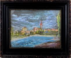 Olvashatatlan jelzéssel: Bajai panoráma a Dunával, 1980. Pasztell, papír. Dekoratív, üvegezett, kissé kopott fakeretben, 33,5×44 cm