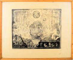 Ábrahám Rafael (1929-2014): Mesterségek dicsérete, gyógyászat, 1967. Litográfia, papír, jelzett. Ábrahám Rafael autográf ajánlásával. Üvegezett, kissé kopott fakeretben. 41×50 cm