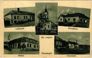 1944 Garamsalló, Garam-Kis-Salló, Salov; Lelkészlak, református templom, községháza, utcarészlet, Hanza üzlete és saját kiadása / vicarage, Calvinist church, town hall, street, cooperative shop (EB)