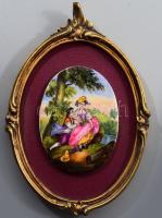 cca 1900, Porcelánlapra festett zsánerjelenet. Keretre applikálva, 11x8 cm, kerettel 22x15 cm