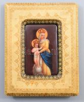cca 19. sz. vége, Szűz Mária a kisdeddel, kézzel festett porcelánkép kegytárgy, támasztható kertben, 9x6 cm, 16x13 cm