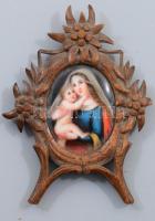 cca 19. sz. második fele, Szűz Mária a kisdeddel, kézzel festett porcelánkép kegytárgy, faragott fa keretben, 5x4 cm, 11x8 cm