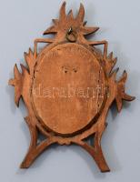 cca 19. sz. második fele, Szűz Mária a kisdeddel, kézzel festett porcelánkép kegytárgy, faragott fa ...