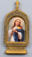 cca 19. sz. közepe - második fele, Jézus ábrázolásával, kézzel festett porcelánkép kegytárgy, bronz keretben, 6x4 cm, 12x6 cm