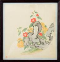 Olvashatatlan jelzéssel, kínai alkotó, feltehetően XX. sz. közepe: Virágok. Akvarell, selyem. Üvegezett fakeretben. 27×26 cm.