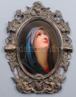 cca 19. sz. közepe - második fele, Szűz Mária ábrázolásával, kézzel festett porcelánkép kegytárgy, ezüst (Ag) keretben, jelzett, 11,5x8 cm, 18x14 cm