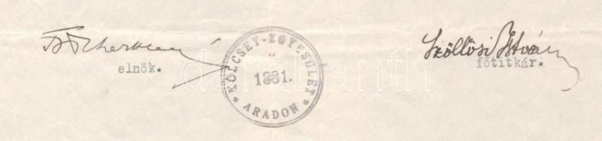 1937 Arad, a Kölcsey Egyesület értesítése az aradi róm. kat. főgimnázium tanulója részére pályázaton...