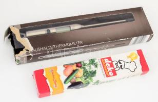 Háztartási hőmérő, hús hőmérő és zöldség vágó eredeti dobozukban.