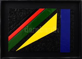 Kolozsvári Sándor (1956-2012): Diagonális kompozíció. Vegyes technika, applikáció, fa, jelzett a hátoldalán, fakeretben, 13x20 cm