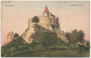 Homonna, Humenné; Jeszenői (Várjeszenő) vár. Vasúti levelezőlapárusítás / castle + "MEZŐLABORCZ - SÁTORALJAÚJHELY 51." sz. vasúti mozgóposta bélyegző (EB)