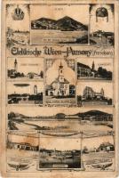1915 Pozsony, Pressburg, Bratislava; A Bécs-Pozsony elektromos vasútvonal állomásai; Bécs, Pozsony, Fischamend, Maria-Ellend, Deutsch-Altenburg, Schwechat, Hainburg / Elektrische Wien-Pressburg. Verlag Josef Popper / Vienna-Bratislava Electric Railway Line and stations. Art Nouveau, floral (fl)