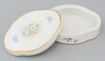 Hollóházi kékvirág mintás bonbonier, jelzett, hibátlan, 15x11 cm