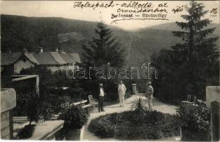 Budapest II. Hűvösvölgy, Holzspach-féle vigadó az Orvvadászhoz, terasz részlet (fa)