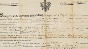 1836 Eszék, a 2. "József főherceg" huszárezred elbocsátólevele (obsit) Bakos József tizede...