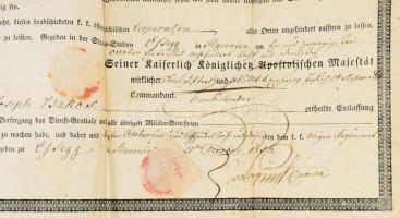 1836 Eszék, a 2. "József főherceg" huszárezred elbocsátólevele (obsit) Bakos József tizede...