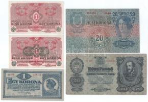 1913. 20K egyik oldal német + 1918. 1K (2x), az egyik zöld "DEUTSCÖSTERREICH" felülbélyegzéssel + 1920. 1K + 1930. 20P T:F-VG, egyiken középhajtásnál lyuk, közte egy XF