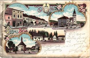 1899 (Vorläufer!) Szepesbéla, Spisská Belá; Fő utca, Sörháztér (Brauhaus Bierschank), Evangélikus templom, Béla szálloda, Borovicska raktár, Gretzmacher Árpád üzlete / main street, beer hall, church, shops, hotel. Art Nouveau, floral, litho (EB)