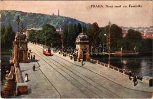 Praha, Prague, Prága; Novy most cís. Frantiska / bridge, tram (worn corners)