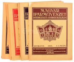1925-1926 Magyar Iparművészet 6 száma (XXVIII. évf. 1-2., 3-5., 9-10., XIX. évf. 3-5., 6-8., 9-10 sz.) Papírkötések, változó állapotban, közte szakadt.