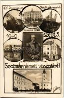1940 Szatmárnémeti, Satu Mare; bevonulás, Horthy Miklós kormányzó, "Szatmárnémeti visszatért!" Római katolikus főgimnázium és székesegyház, Pannonia szálloda, Református templom és főgimnázium / entry of the Hungarian troops, Regent Horthy. Foto Kósa photo + "1940 Szatmárnémeti visszatért" So. Stpl. (EK)