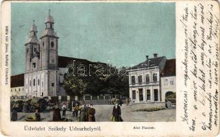 1901 Székelyudvarhely, Odorheiu Secuiesc; Alsó piactér, templom. Gál János kiadása / market square, church (kopott sarkak / worn corners)