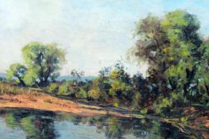 Rimányi J jelzéssel: Vízparti táj, 1947. Olaj, vászon. Kissé sérült. 60x70 cm