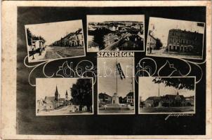 1944 Szászrégen, Sächsisch-Regen, Reghin; mozaiklap 6 képpel: benzinkút, Országzászló / multi-view postcard with 6 images: gas station, Hungarian flag (fl)