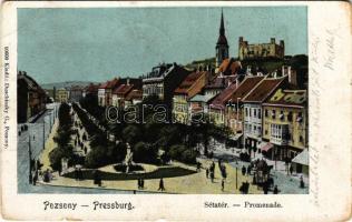 1902 Pozsony, Pressburg, Bratislava; Sétatér, üzletek. Duschinsky G. kiadása / promenade, shops (b)