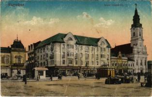 1916 Nagyvárad, Oradea; Szent László tér, Hitelbank, Dlary Gusztáv, Pántya Péter, Farkas László, Kalenda János Réti Jenő üzlete, piac. Vasúti levelezőlapárusítás 60. sz. - 1916. / square, bank, shops, market (felületi kopás / worn surface)