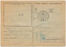 1940 Második világháborús tábori postai levelezőlap, hátoldalon magyar zászlós szalag és visszatért bélyegzés / WWII Hungarian military field postcard, entry of the Hungarian troops cancellation and Hungarian flag textile on the backside + "1940 Szatmárnémeti visszatért" So. Stpl. (non PC) (fa)