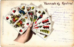 1899 (Vorläufer!) 'Vannak és kontra' magyar kártyás képeslap; kiadja Ferenczi B. / Tell playing cards, litho (lyuk / pinhole)