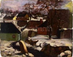 Olvashatatlan jelzéssel: Havas utca. Olaj, karton. Sérült. 39,5x50 cm