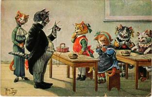 Varrni tanuló macskák az osztályteremben / sewing cats in the classroom. T.S.N. Serie 1826. (6 Dess.) s: Arthur Thiele (r)