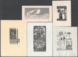 5 db ex libris, vegyes technika, papír, jelzettek, vegyes méretben