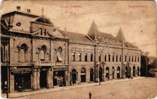 1910 Nagykikinda, Kikinda; Ferenc József tér, Koszta Popov, Joannovits István üzletei, gyógyszertár, Nemzeti szálloda / square, shops, pharmacy, hotel (ragasztónyomok / glue marks)